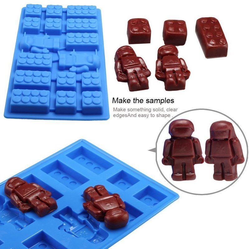 Minifigure Multi Building Bricks Ice Cube Trays & Candy Chocolate Molds for Melted Chocolate & Crayons - Birthday Day or Party Favors - Set of 2, Much Fun for Robot Lovers(Blue & Yellow)