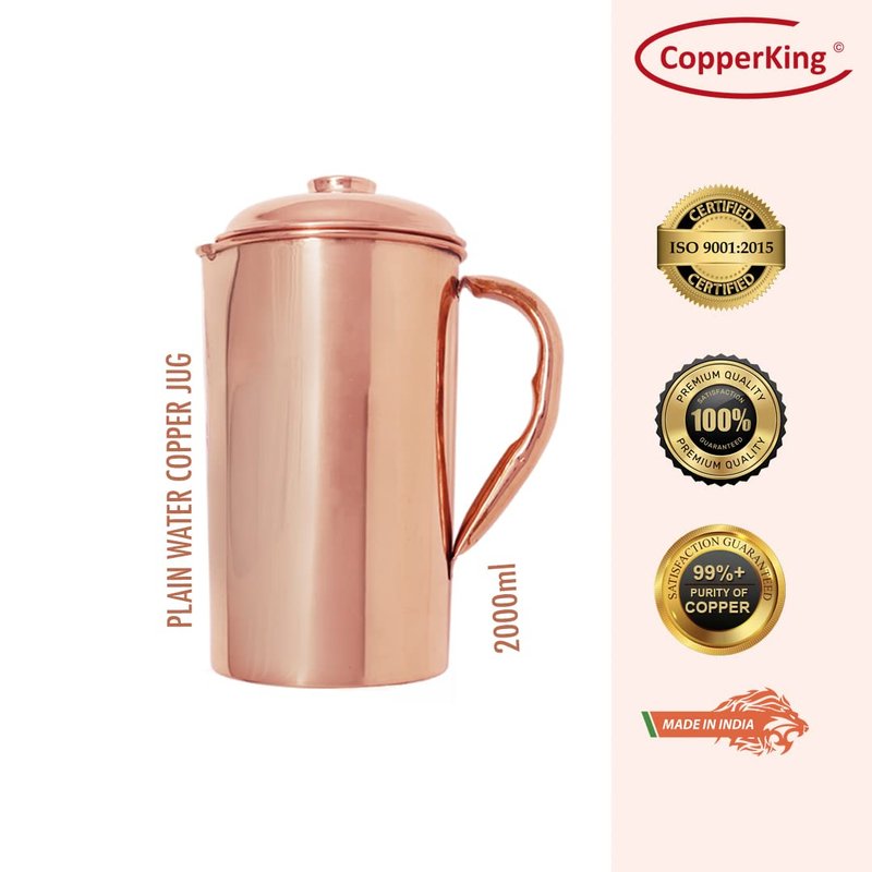 CopperKing Pure Real Copper Metal Carafe Pitcher for Drinking Water With big handle and lid, large size Jug 50oz - 1500ml With 2 Cups Tumbler Glasses Set, Best Ayurvedic Benefit Vessel (Hammered)