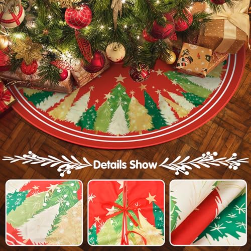 Red Tree Christmas Tree Skirt 48 Inch Rustic Holiday Decor with Yellow Star - Farmhouse Style