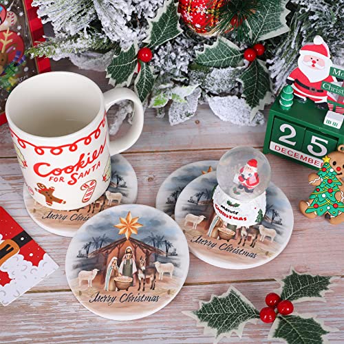 Christmas Ceramic Coasters Set of 4 with Nativity Scene & Merry Christmas Design
