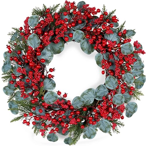 22-Inch Artificial Christmas Wreath with Red Berries and Eucalyptus