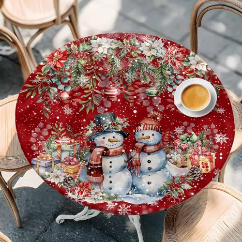 Chucoco Christmas Snowman Round Table Cover 36-44 Inch Elastic Waterproof Red & White