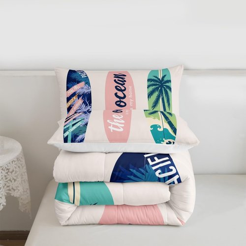 Homewish Surfboard Bedding Set Full Size Summer Sea Surfing Theme Comforter Set 3pcs for Kids Boys Girls Ocean Theme Duvet Insert Luxury Microfiber Down Comforter