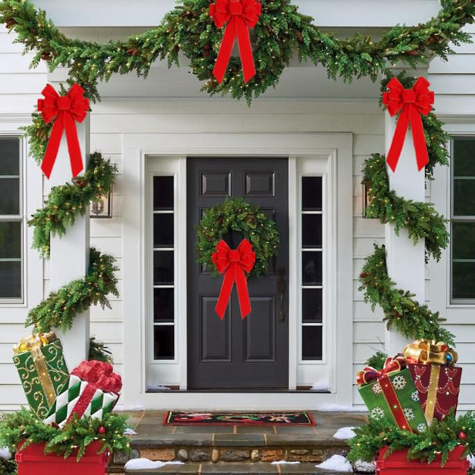 Yuubin Red Velvet Christmas Bow 12x20 in - Large Wreath Topper with Gold Edge & Glitter String (6 Pcs)