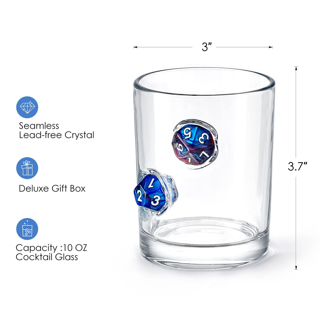 LIIGEMI Whiskey Glasses with Polyhedral dices Embedded, Whiskey cups Gift Set of 2,Unique Handmade Design, Rocks Glass 10oz（Blue）