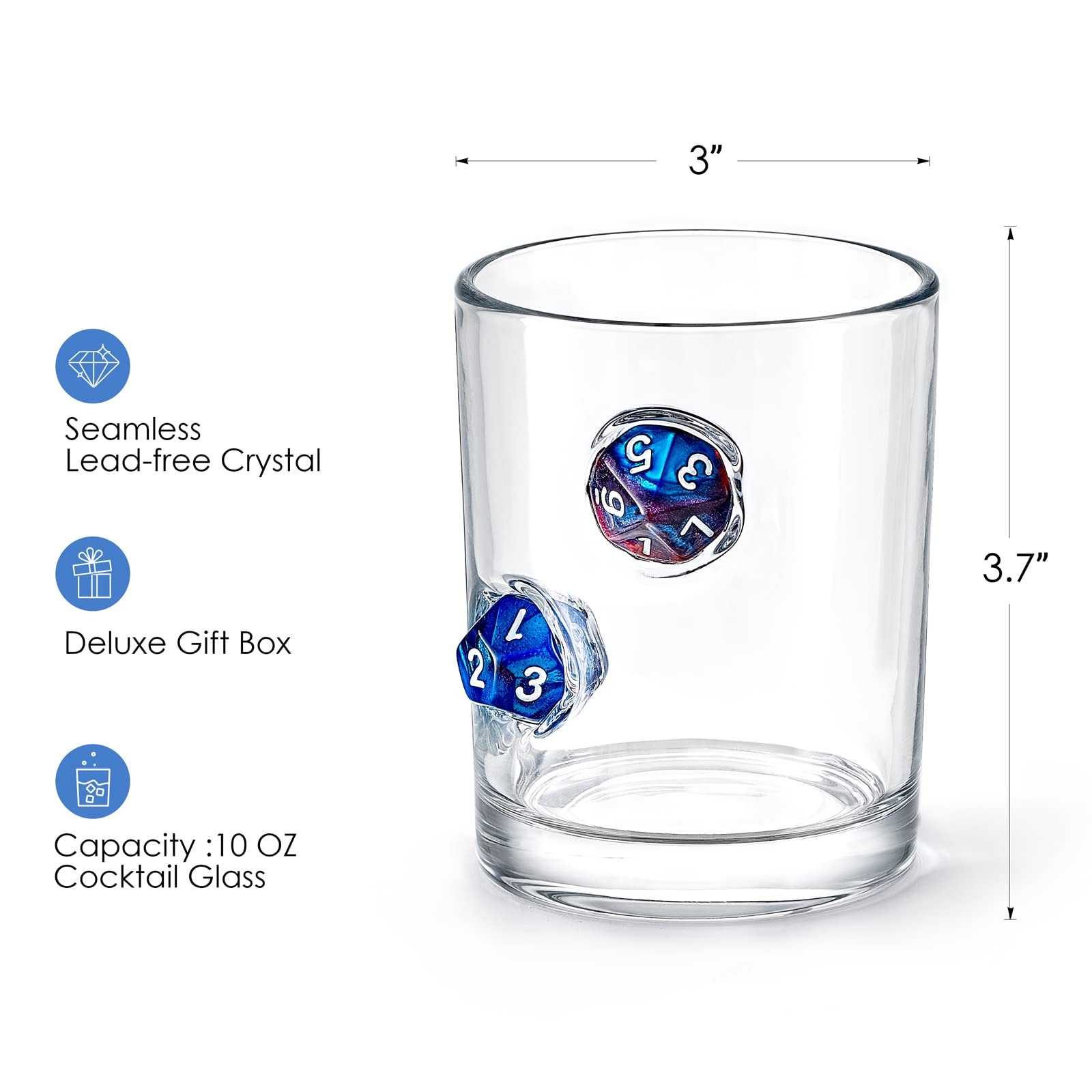 LIIGEMI Whiskey Glasses with Polyhedral dices Embedded, Whiskey cups Gift Set of 2,Unique Handmade Design, Rocks Glass 10oz（Blue）