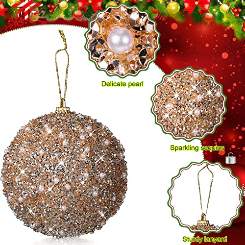 Champagne 6-Piece Christmas Ball Ornaments 4in Glitter Pearls Foam PVC