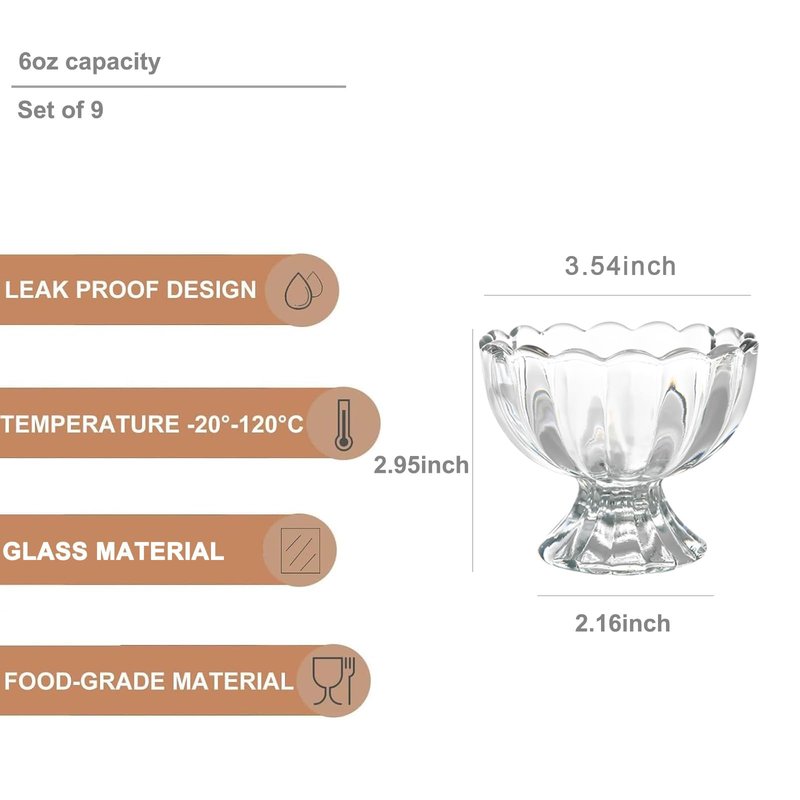 DNIENKGE Iced Cream Dessert Bowl，Set of 9，6oz Vintage Glass ware with Heavy Base, Drinking Cup for Sundae, Fruit, Ice Cream, Snack, Condiment (9)