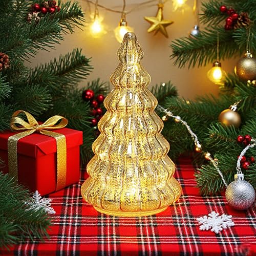 Gold Mercury Glass Christmas Tree Lamp with Timer, Battery Operated Night Light, 8.2-inch Tabletop Holiday Decor