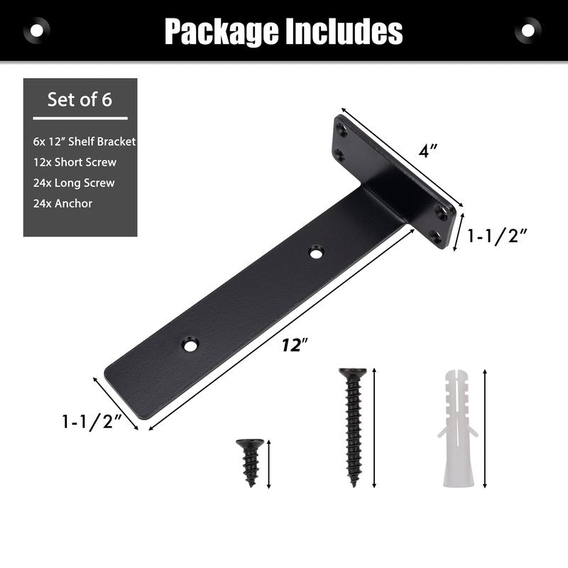 YONSIN Shelf Brackets 12 inch, 6 Pack Heavy Duty Floating Hidden 90 Degree Angle Metal Shelf Brackets for Shelves Supports, Holds 150+lb，Add More Storage Space, Black Finished