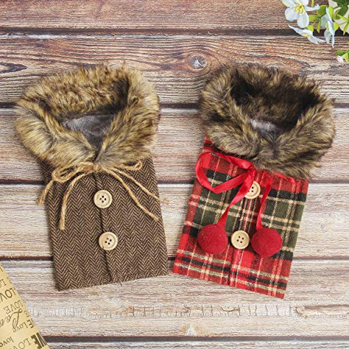 Festanlee Tanlee 4 Pieces Christmas Wine Bottle Covers with Faux Fur Collar & Button Coat - 9.5"