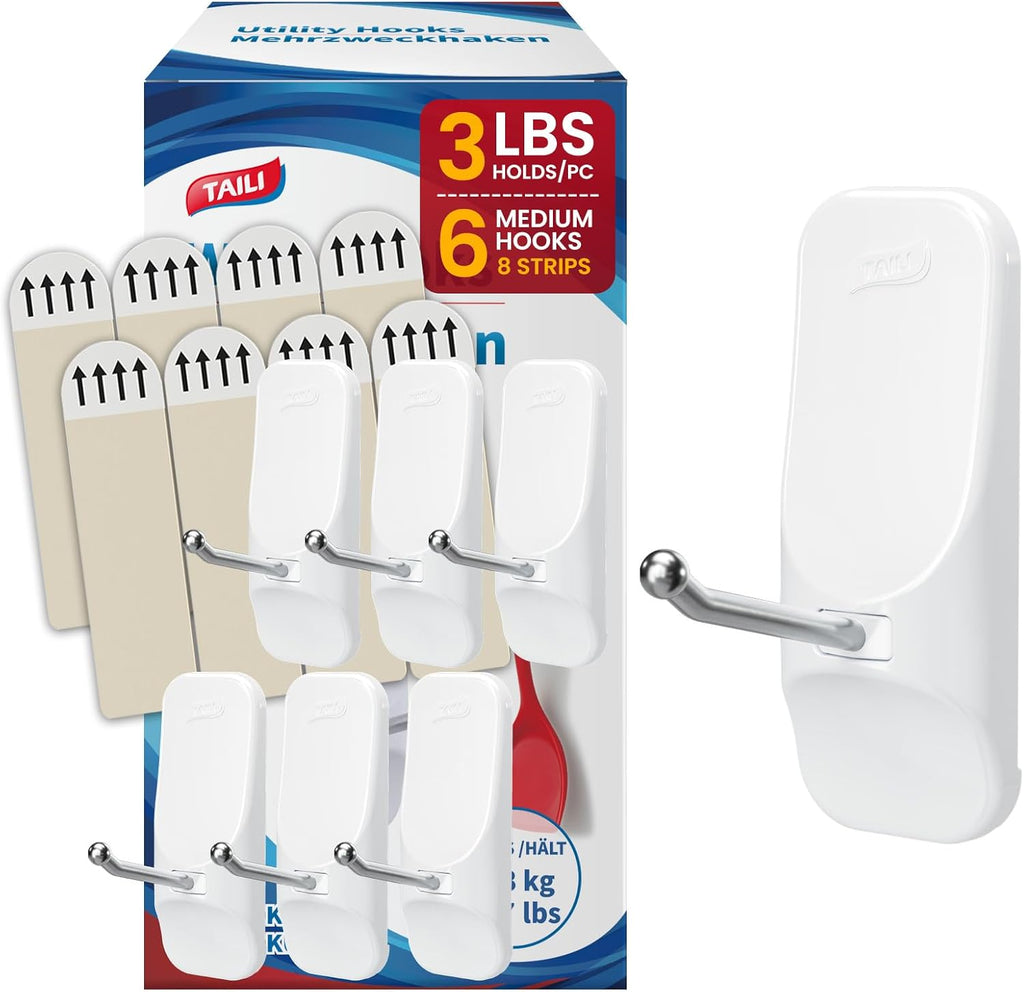 TAILI Heavy-Duty Hooks for Hanging | 6 Wire Sticky Hooks with 8 Adhesive Strips | Removable & Reusable, White