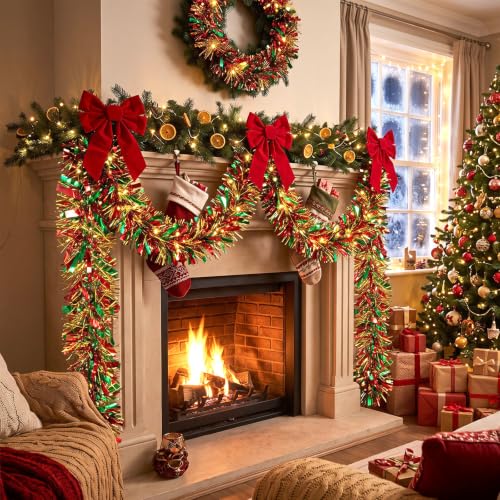 72 ft Red Green Gold Christmas Tinsel Garland – Foil Metallic Twist Streamer