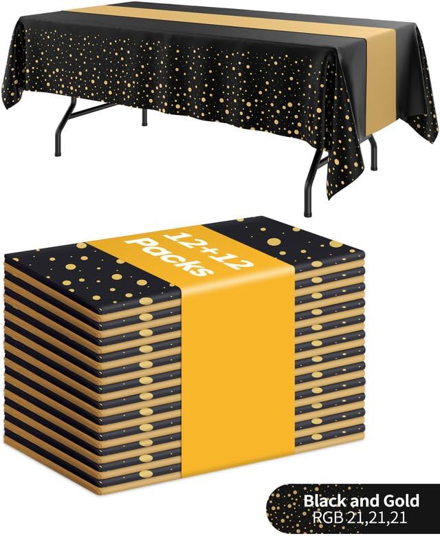 Niuara Tablecloth Set - Black and Gold Disposable Rectangle Table Cover & Runner | 12+12 Pack for Events