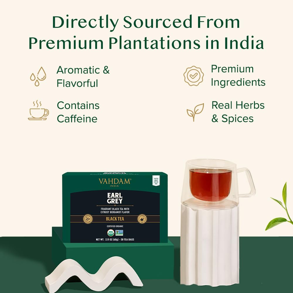 VAHDAM, Earl Grey Black Tea Bags (30 Count) Medium Caffeine, Non GMO, Gluten Free | Citrus Bergamot & Smooth | Resealable Ziplock Pouch | Individually Wrapped | Plant Based Tea Bags