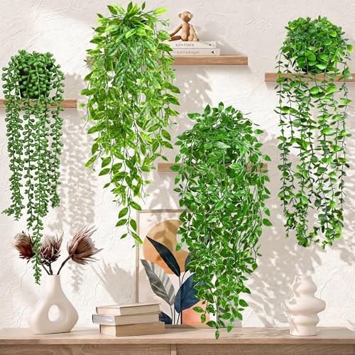 4 Pack Artificial Hanging Plants with Pots, UV Resistant Faux Greenery Set