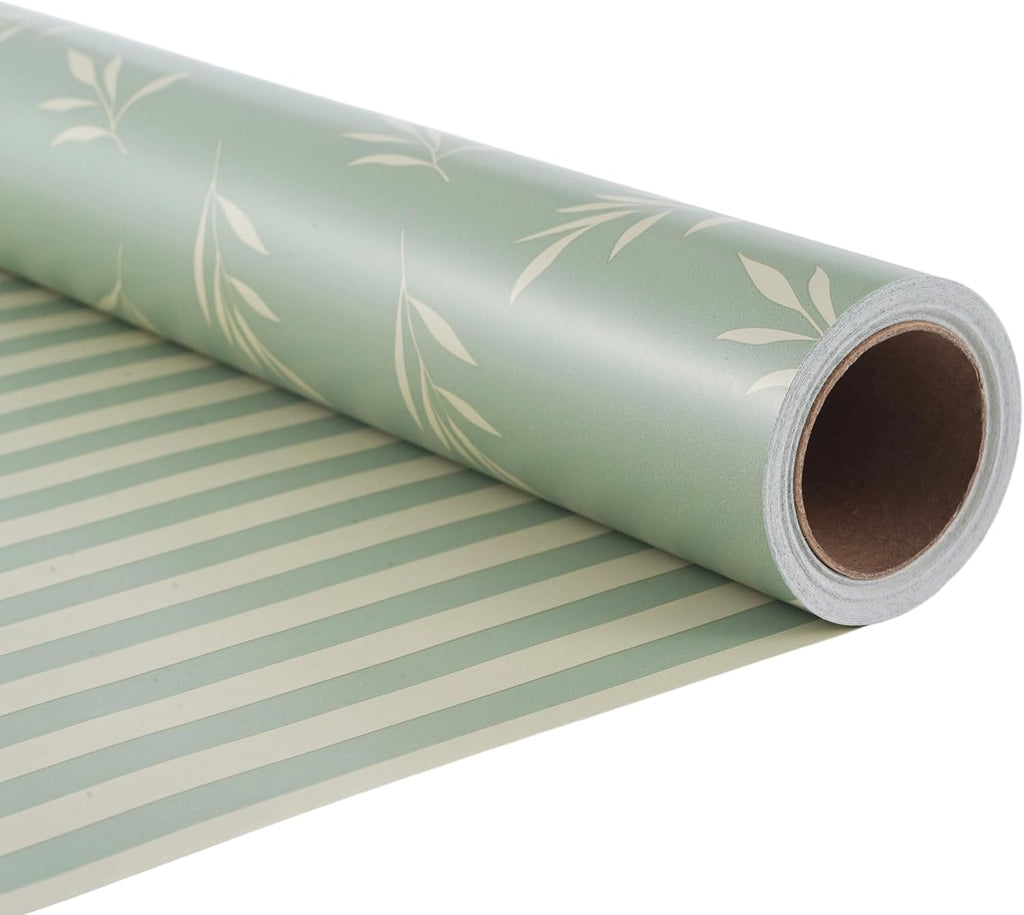 ZINTBIAL Reversible Gift Wrapping Paper Roll - Light Green & Beige Leaves Design | 17.5" x 33' (48 sq. ft.)