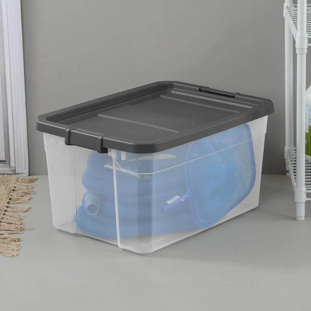Stacker Box 76 Quart - Heavy-Duty Clear Plastic Storage Bin with Secure Latch Lid | Dark Gray