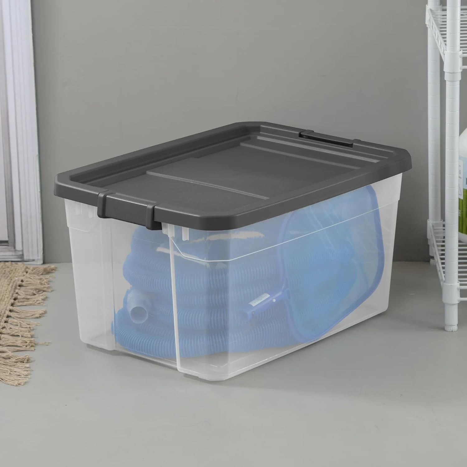 Stacker Box 76 Quart - Heavy-Duty Clear Plastic Storage Bin with Secure Latch Lid | Dark Gray