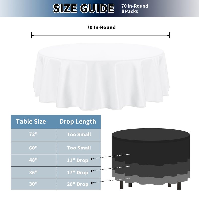 PureFit 8 Pack Round White Table Cloths 70 Inch for Round Tables, Stain and Wrinkle Resistant Table Linens for Home Use, Wedding, Party, Banquet and Camping