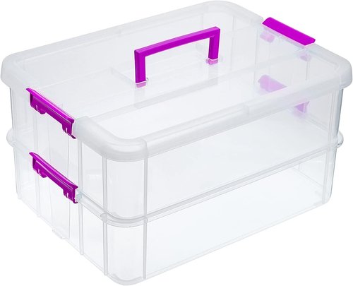 JUXYES Stackable Storage Box - 2-Tier Transparent Design with Handle for School & Office Supplies