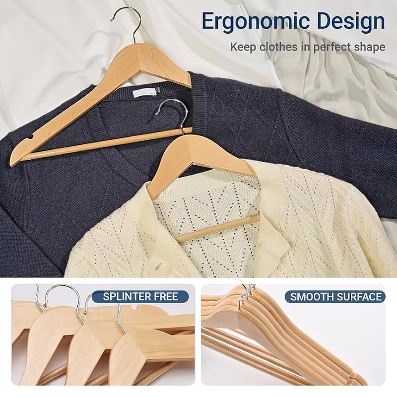 Natural Wooden Coat Hangers 30 Pack, Heavy Duty Wood Suit Hangers with Non-Slip Pants Bar