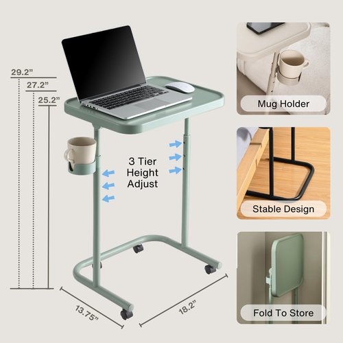 Keepo Metal TV Tray with Wheels/Casters, Side End Table, Adjustable Meal Tray, Folding Laptop Table with 3 Heights, 0 to 90 Degrees Tilt Angles, Portable Over Bed & Sofa Stand Desk (Gray Green)