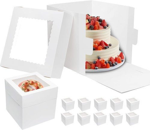 Mcfleet 10-Inch Cake Boxes - 10 Pack Tall Bakery Containers with Window | Disposable White Cardboard for Events
