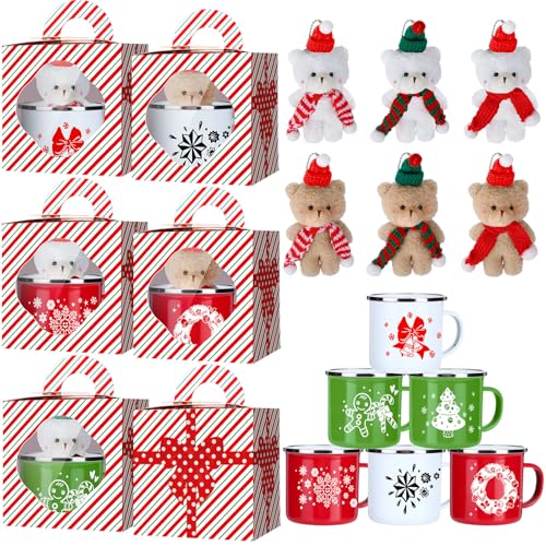 Christmas Mug Gift Set - 6 Enamel Coffee Mugs with Bear Dolls & Gift Boxes