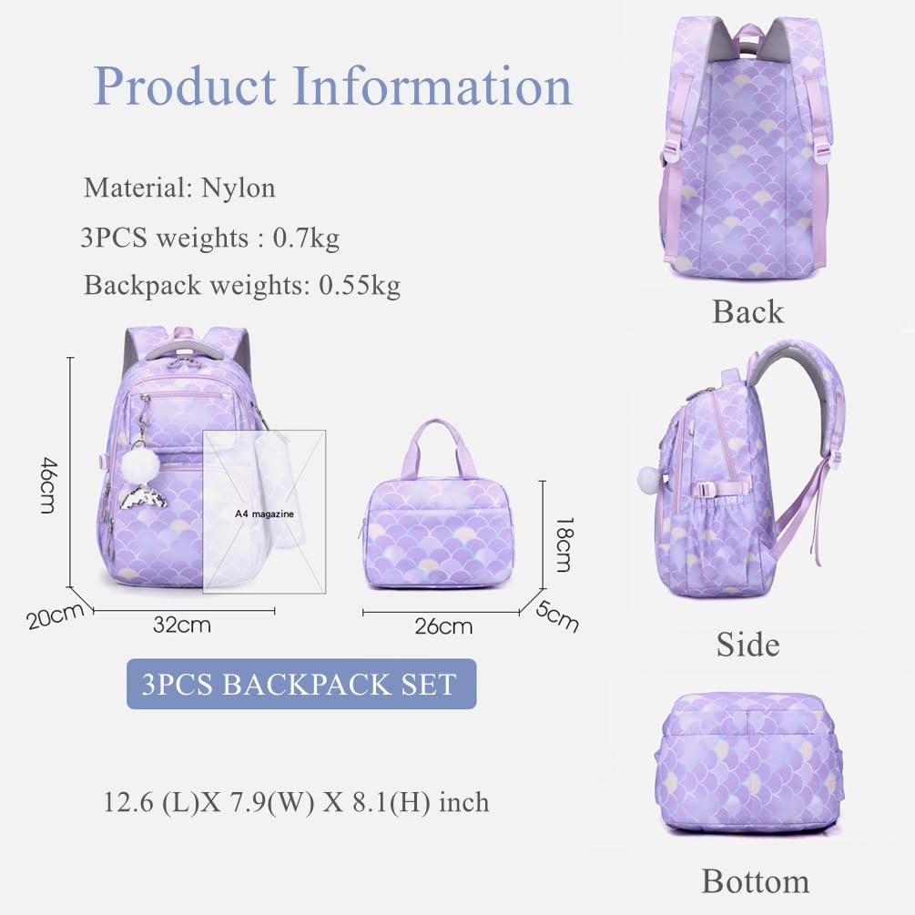 EKUIZAI 3PCS Mermaid Backpack for Girls Fish Scale Print Primary Bookbags set Girls Backpack with Lunch Box