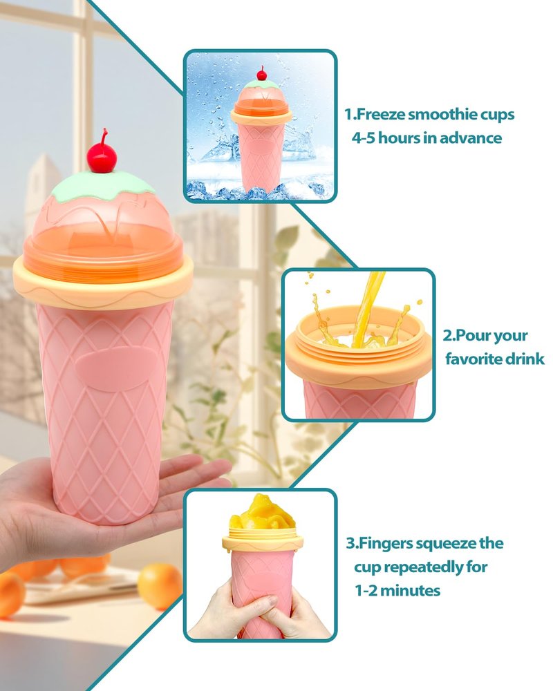 Slushie Cup, Smoothie Cups with Lids & Straws, Slushy Cup for Juices, Milk and Ice Cream Make, Portable Frozen Magic Slushie Cup Maker for Kids, Friends and Family (Pink)