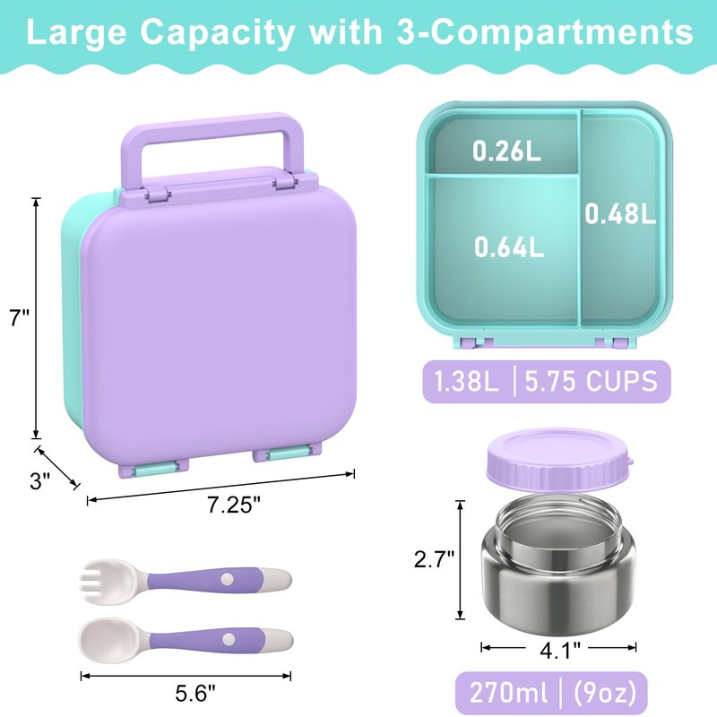 BEAQUEE Bento Box for Kids with Soup Thermos(9oz)– Kid Bento Lunch Box with Leak Proof Insulated Food Jar, Hot & Cold Lunch Container Set for School Girls Boys, 4-Compartments, Purple/Blue