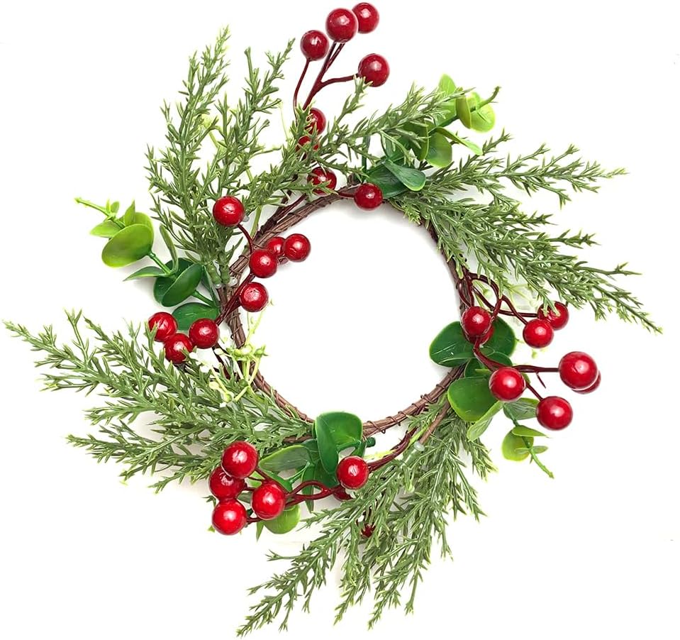 Skiennix Christmas Candle Rings - 4 Inch Rustic Wreaths with Red Berries & Pine Needles | Perfect Table Centerpiece Decor