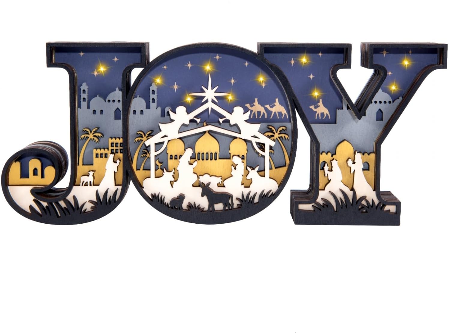 Nativity Scene Set by Christmas Joy - 3D Indoor Ornament with LED Lights for Tabletop Decor