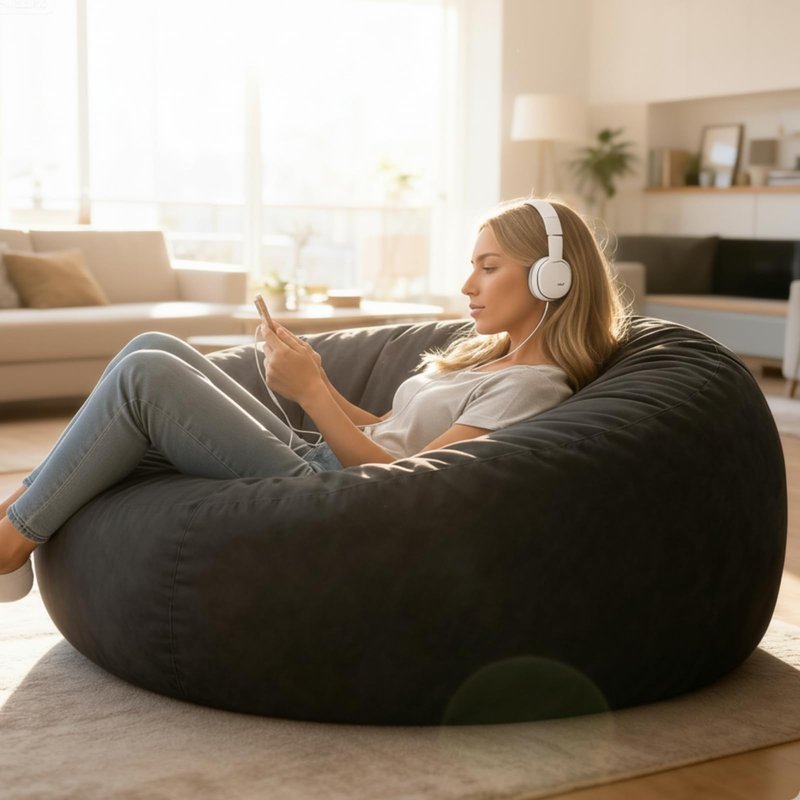 ACH Big Bean Bag Chair 3FT – Memory Foam Filled, Soft Velvet Cover, Removable & Washable – Perfect Lounging Chair for Kids & Teens – Big Bean Bag for Bedroom, Living Room, & Gaming (Black, BIG - 3FT)
