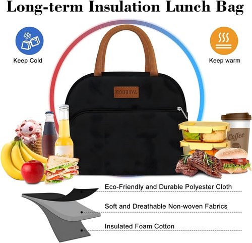 Coobiiya Insulated Lunch Box - Leakproof Reusable Tote Bag for Work & Travel | Compact 10L (Black)