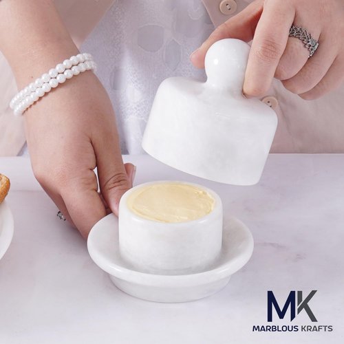 Marble Mini Butter Dish with Lid 4 Inch White French Butter Crock Soft Butter Spreader, Butter Keeper for Kitchen Décor and Storage