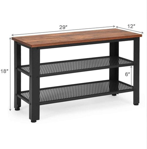 FANTASK Vintage Industrial Style Shoe Storage Bench Rack with 2 Mesh Shelves, Rustic Brown