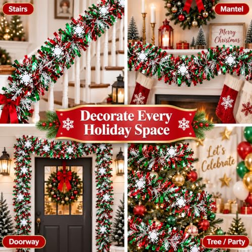 STARREY Christmas Tree Garland 50 Ft Red Green Snowflake Tinsel – Red Green Snowflake
