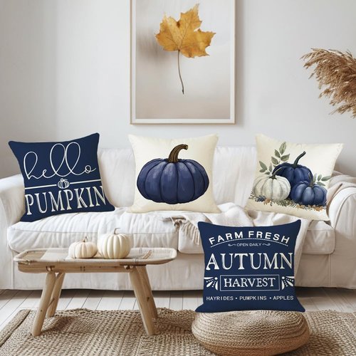 MAZSHTTD Blue Pumpkin Throw Pillow Cover 18x18 Inch Set of 4 Hello Pumpkin Outdoor Indoor Decorative Throw Pillow Cover for Farmhouse Bedroom Sofa Cushion Couch Fall Decor