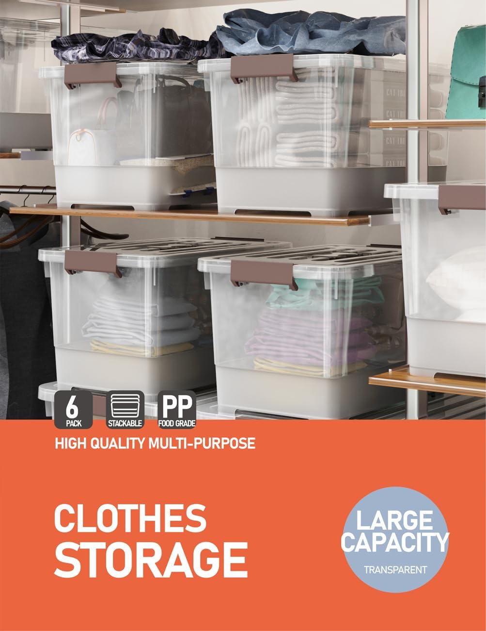 WYT 32 Qt Clear Plastic Storage Bins - Durable Lids & Latching Buckle | 6-Pack Stackable Organizers
