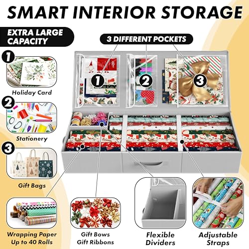 Wrapping Paper Storage Organizer Fits 40 Rolls with Pockets Gray