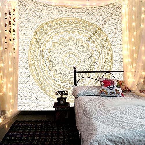 Boho Mandala Tapestry Wall Hanging - White Gold Bedroom Decor (30x40 Inches)