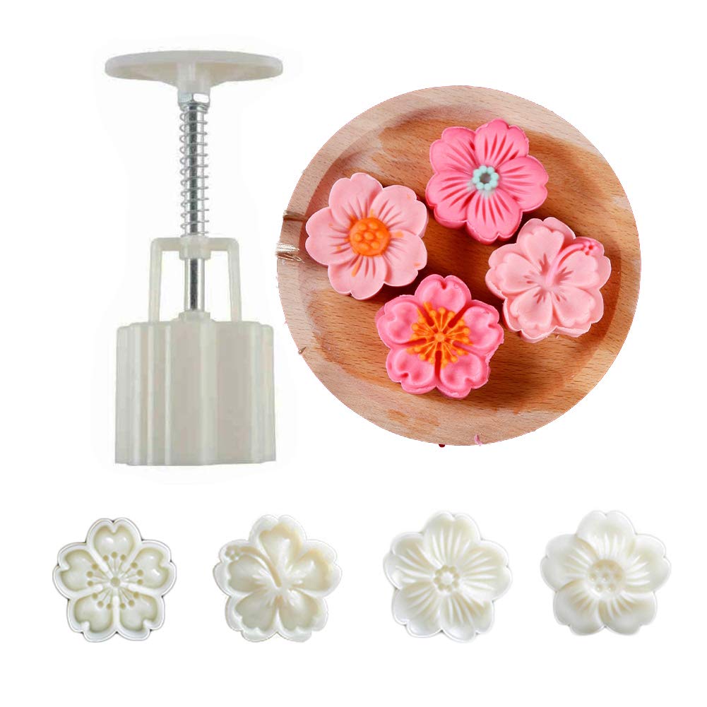 Ylskmu Moon Cake Mold Set 4pcs 50g Cookie Stamps, Cherry Blossom Floral Mid Autumn Festival DIY Hand Press Cookie Dessert Cutter Pastry Decoration Flower Impressions Tool Mooncake Maker (50g)
