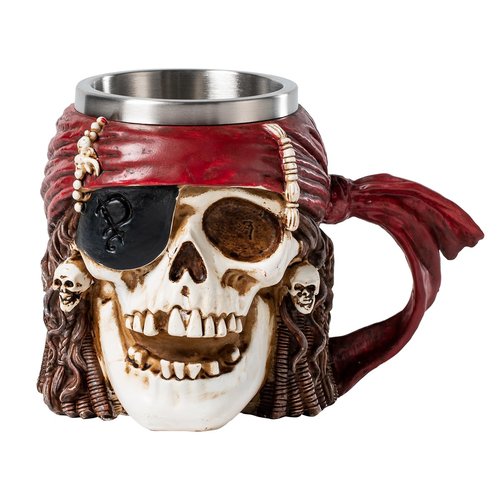 Skull Mug Caribbean Pirate Bandana Beer Coffee Mugs with Handle, Stainless Steel and Resin Tankard Coffee Beer Mug Cup Drunken Pirate's Life For Me Buccaneer Nautical Kitchen Dining Accessory - 14oz