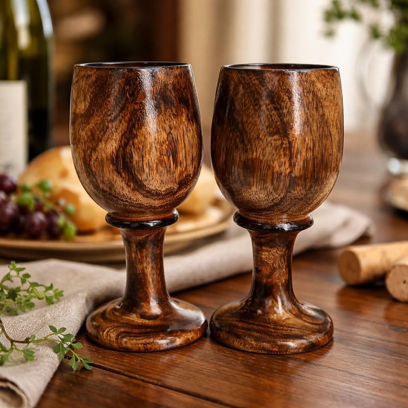 collectiblesBuy Handmade Wooden Goblet Set of 2 – 7 Inch Rustic Chalice Cups for Wine, Mead & Beverages | Eco-Friendly Vintage Wooden Drinkware for Barware & Gifts