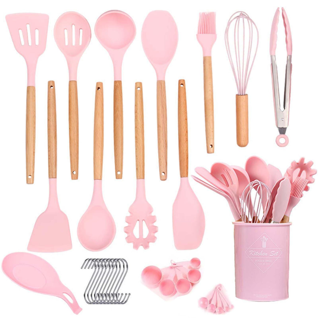 34pcs Silicone Cooking Utensils Set, Kitchen Silicone Cookware Set with 10 Hooks, Egg Beaters, Food Holders, Spoons Cooking Tools, Stirring Kitchen Tools for Nonstick Cookware (Pink)
