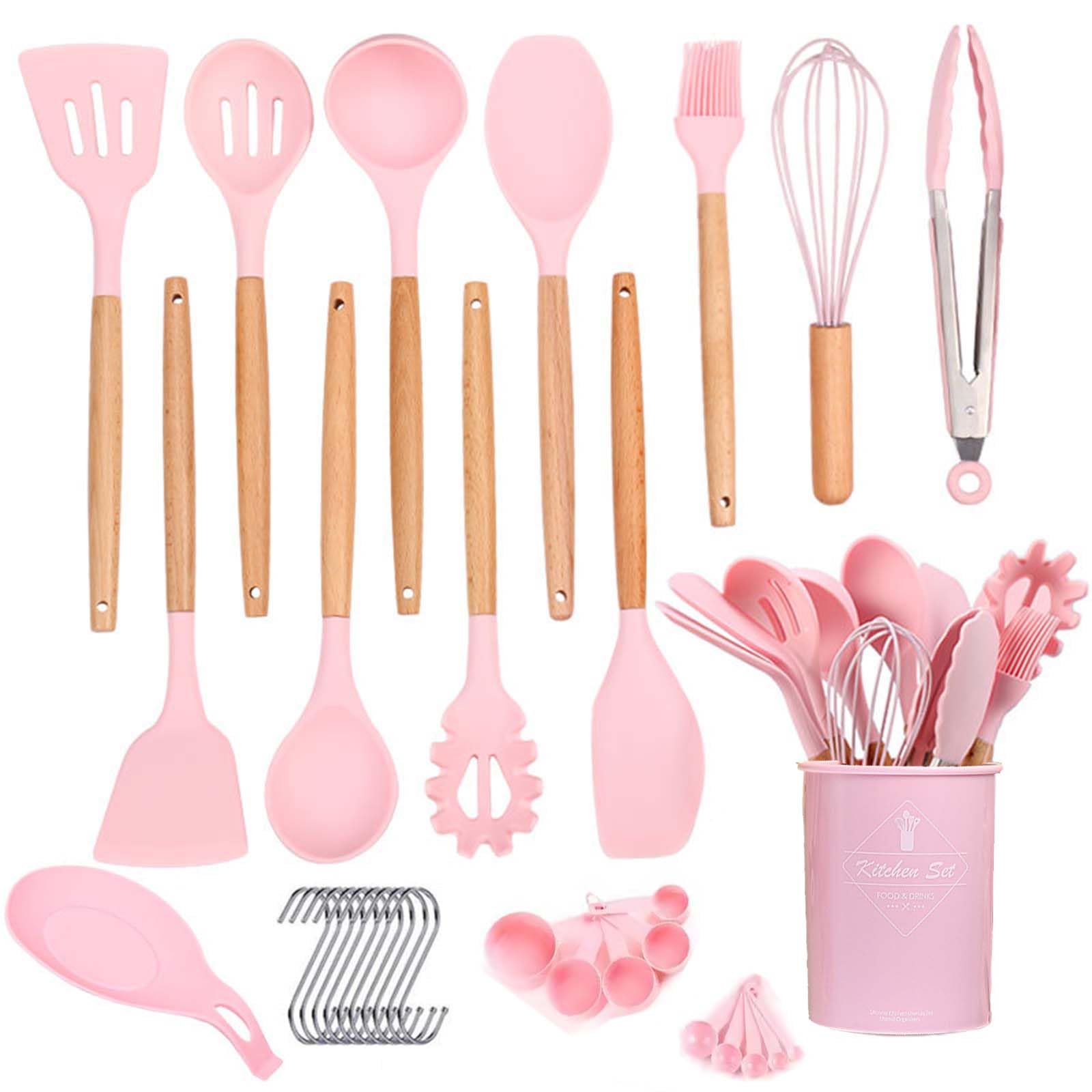 34pcs Silicone Cooking Utensils Set, Kitchen Silicone Cookware Set with 10 Hooks, Egg Beaters, Food Holders, Spoons Cooking Tools, Stirring Kitchen Tools for Nonstick Cookware (Pink)