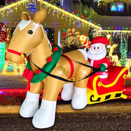 7FT Christmas Inflatable Santa on Sleigh with Horse - LED Yard Decor, Indoor Outdoor Holiday Decoration, JOYEASE A-7FT Horse Pulls Santa's Sleigh