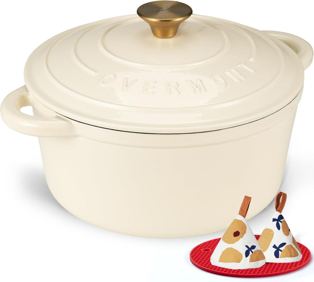 Overmont Enameled Cast Iron Dutch Oven - 7QT Heavy-Duty Pot with Lid & Cookbook | Cream White